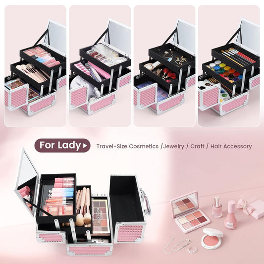 FRENESSA Makeup Train Case Makeup Box Organizer Portable Cosmetic Travel Case Makeup Case with Mirror Locking Make Up Cases Organizers and Storage for Nail Supplies Hard Cosmetic Box Shiny Pink