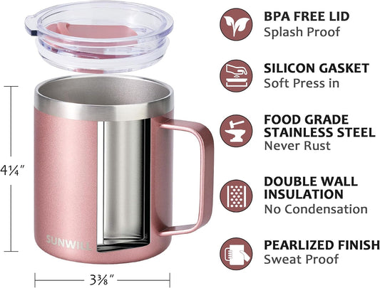 SUNWILL Travel Coffee Mug with Lid, Insulated Tumbler with Handle, 14 oz Stainless Steel Cup for Ice, Water, Tea, Rose Gold