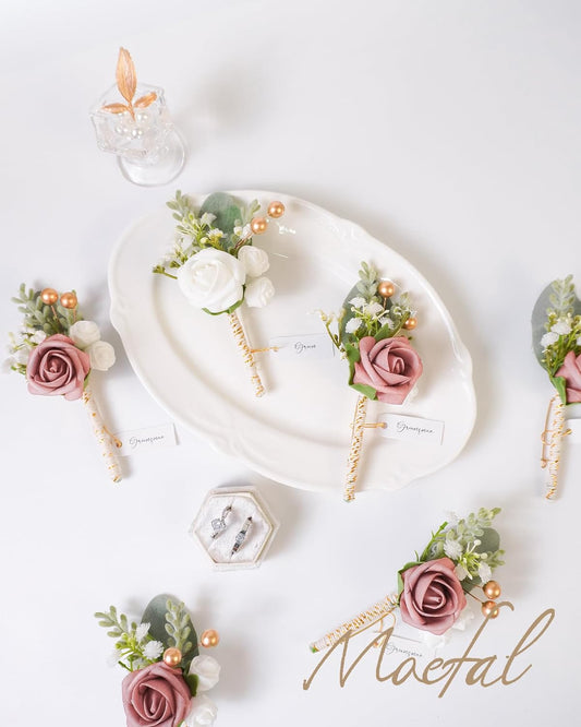 6pcs Boutonniere for Men, Dusty Rose & Cream - Artificial Wedding Flowers for Groom Groomsmen, Prom Suit - Rustic Boho Corsage with Safe Brooch Pin