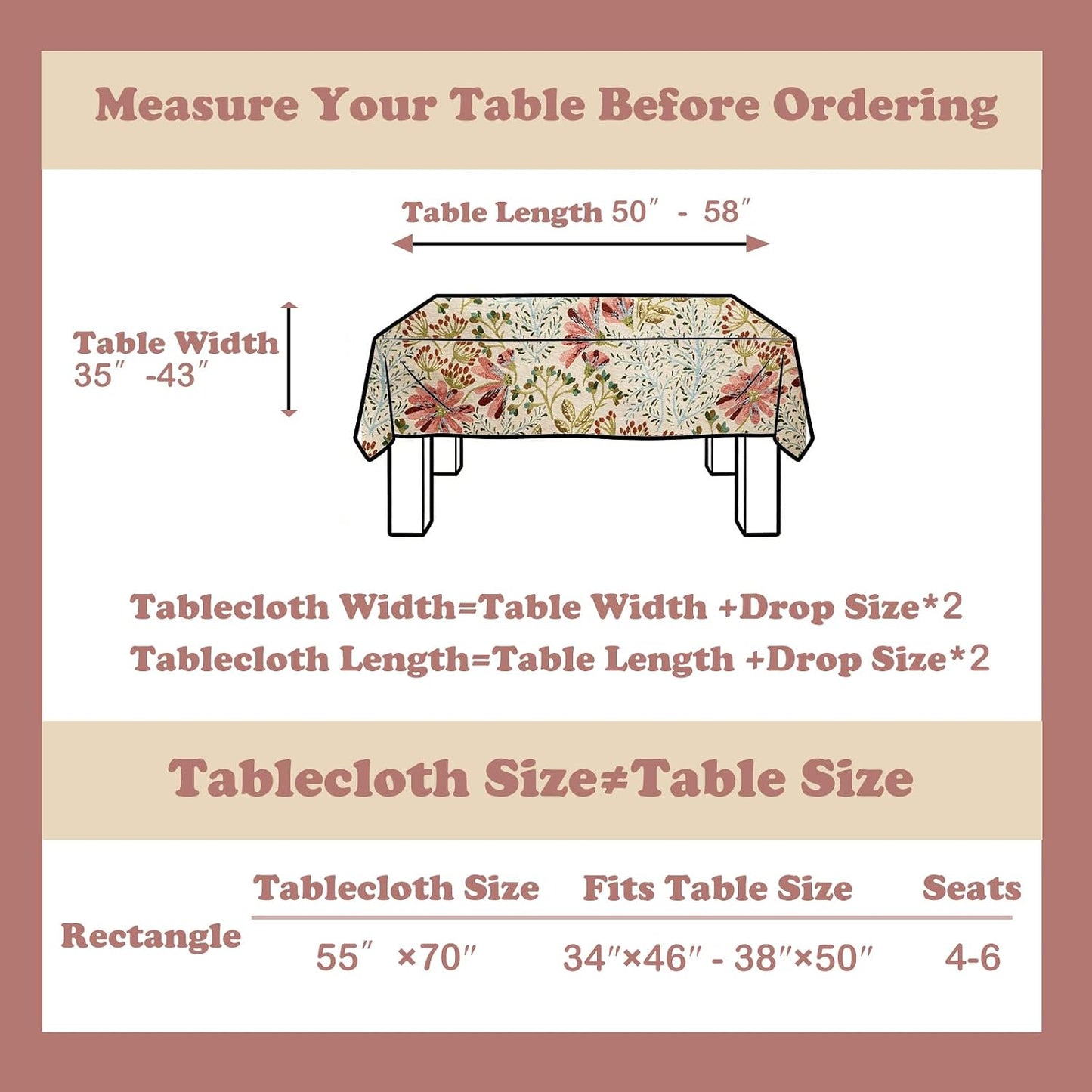Cream Floral Linen Blend Tablecloth, 330 GSM Heavyweight Wrinkle Free Fabric for 4 Foot Rectangle Table,Dusky Pink Wildflower Design, 4-6 Seat Kitchen & Dining Table Cloth, 55" x 70"