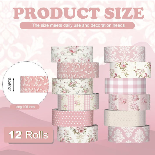 12 Rolls Watercolor Floral Washi Tape Set 15 mm Vintage Flower Decorative Masking Tape for Summer School Arts DIY Craft Scrapbook Journal Supplies Gifts(Light Pink,Polka Dots and Floral)