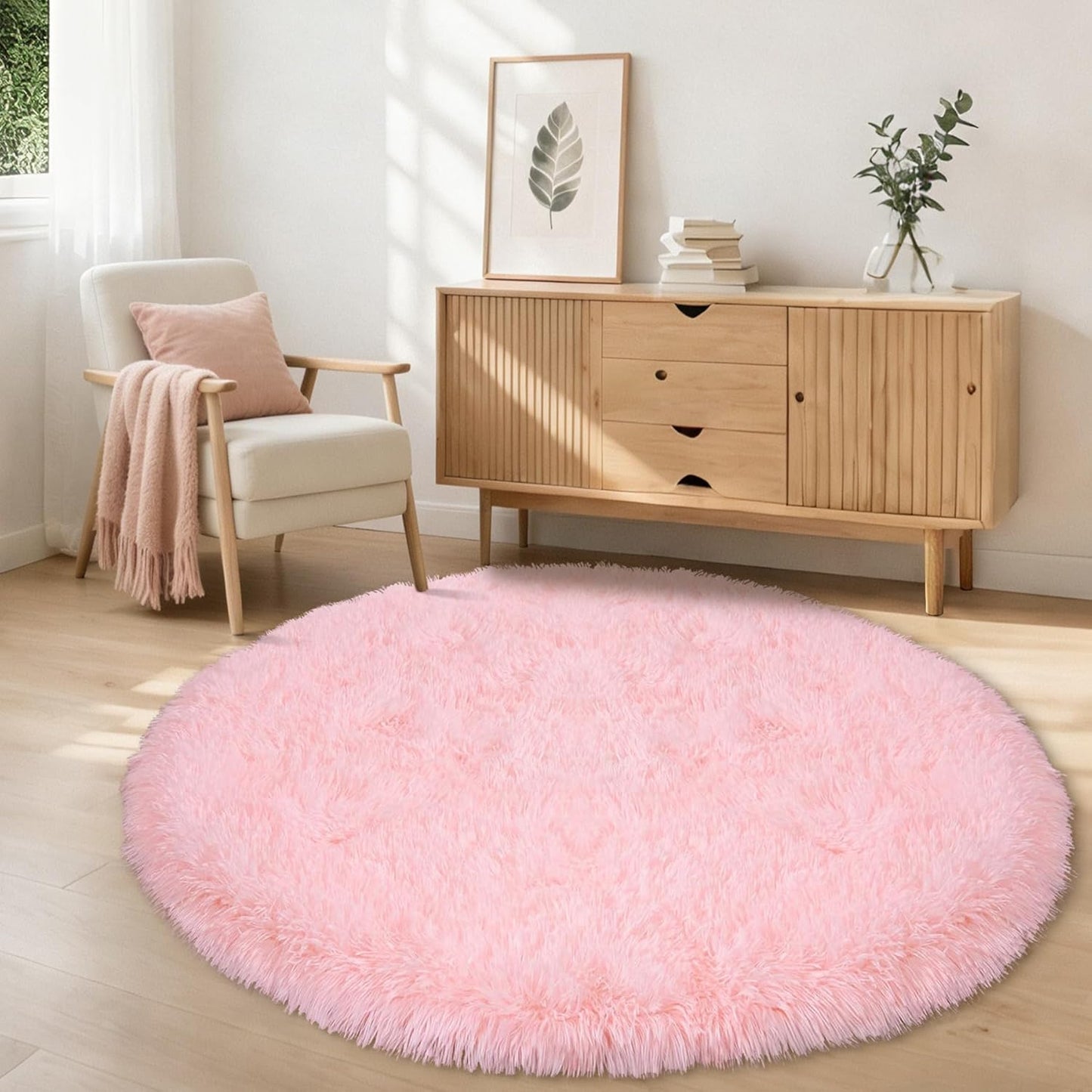 Pink Round Rug for Bedroom: Soft Fluffy Shag Washable Rug Fuzzy Circle Rugs Plush Indoor Carpet for Living Room Nursery Playroom Girls Boys Kids Room (Pink, 4'x4')