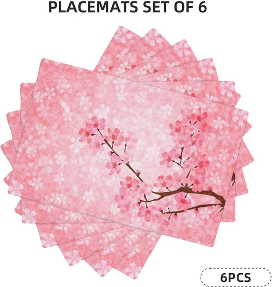 Pink Cherry Blossoms Placemats Set of 6 Floral Branch Asian Japanese Style Place Mats Spring Flower Rectangular Linen Table Mat for Party Kitchen Dining Indoor Outdoor Decoration 12x18 Inch