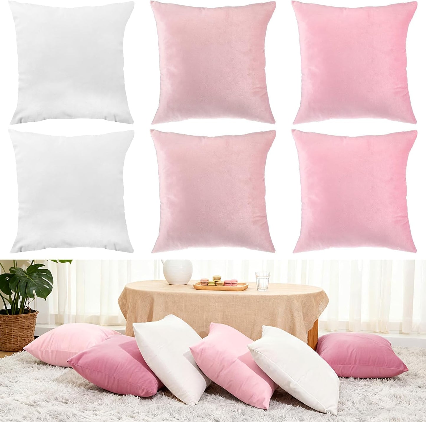 Pink Series Throw Pillow Covers 6 Pcs 18" x 18" Decorative Pillow Covers for Couch Soft Velvet Square Pillows Cover for Sofa Bedroom Patio Balcony Picnic Coquette Party Decor Accessories, No Inserts