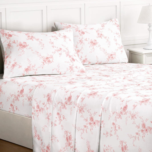 Wake In Cloud - Floral Bed Sheets, 4-Piece Sheet Set, Flower Shabby Chic Rose Pattern Printed Coquette Cottagecore Farmhouse Vintage Bedding, Deep Pocket, Pink White, Full Size