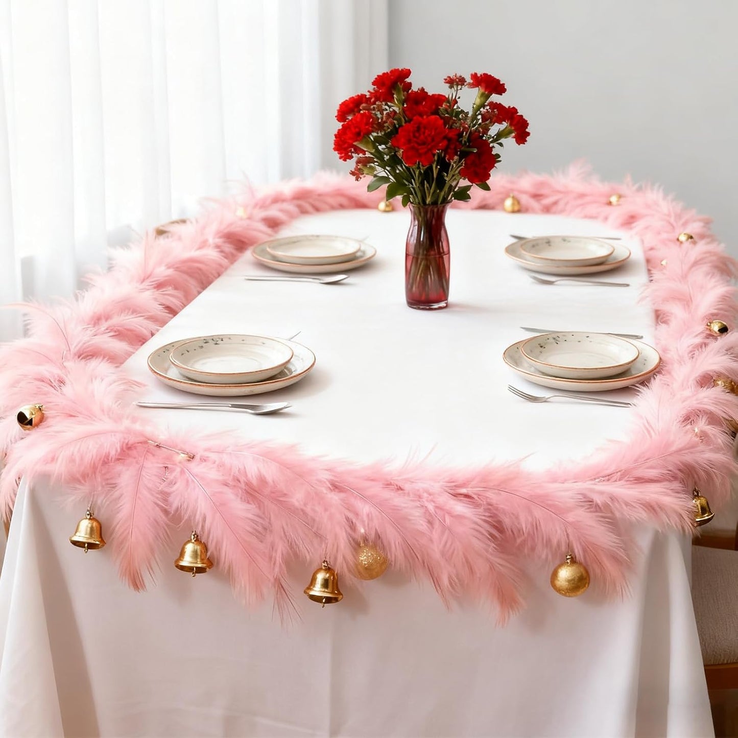 2 Pcs 12 Ft Christmas Tree Garland Decoration Pink Pampas Grass Garland Artificial Faux Fabric Feathers Wreath for Mantle Xmas Tree Home Farmhouse Christmas Holiday Party Supplies