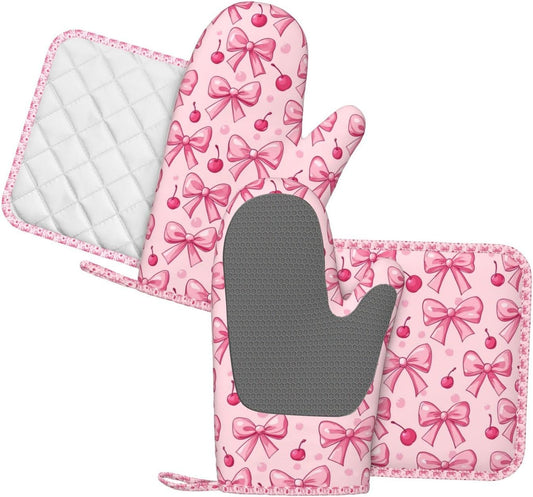 Oven Mitts Pot Holders Set Pink Bows Cherry Silicone Kitchen Gloves Potholders Heat Resistant for Chef Baking Cooking Grilling BBQ 4 Pack Mitt