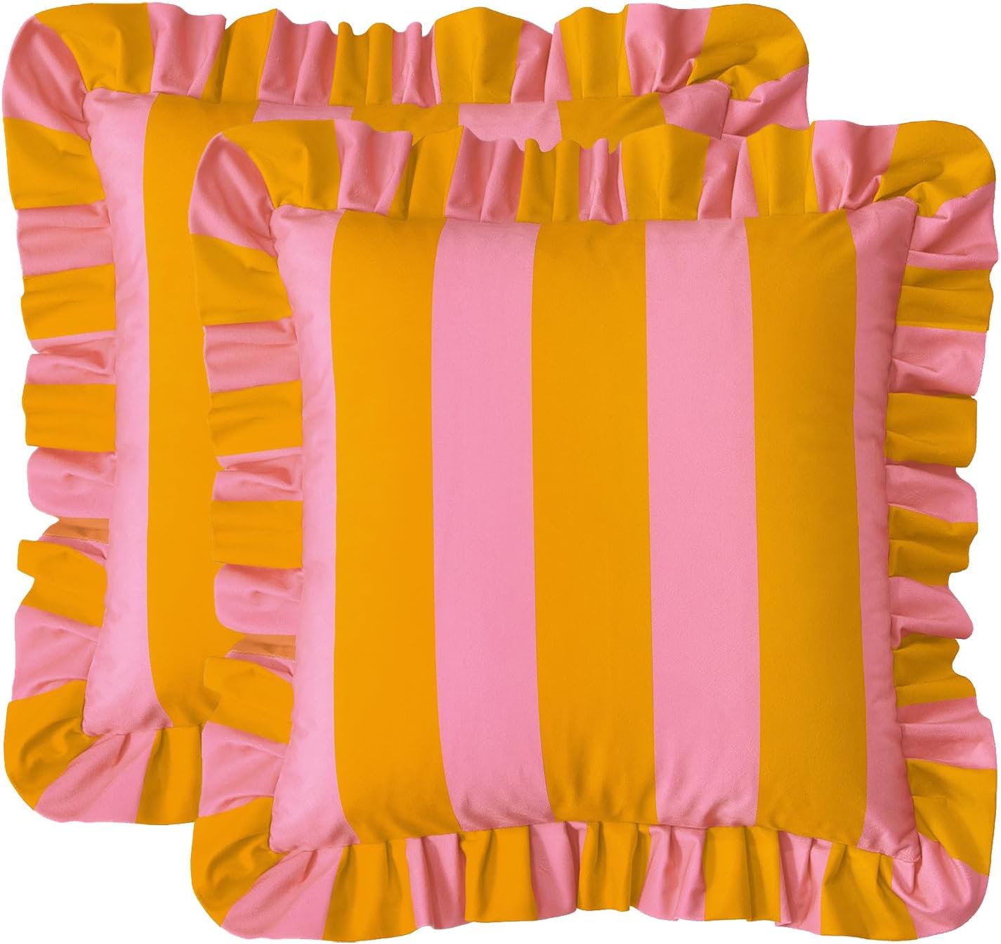 MONDAY MOOSE Decorative Throw Pillow Covers, Set of 2 Water-Resistant Striped Design with Ruffle Edge for Outdoor/Indoor Use, Pillow Inserts Not Included (22x22 inch, Light Pink/Honey)
