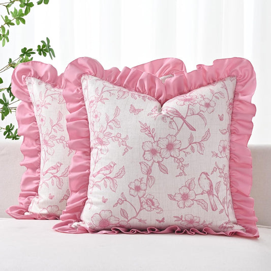 Yinhua Floral Linen Throw Pillow Covers 18x18 Inches Set of 2, Farmhouse Decorative Couch Pillow Covers with Ruffle, French Country Throw Pillowcases Soft Cushion Covers for Sofa Bed Living Room, Pink