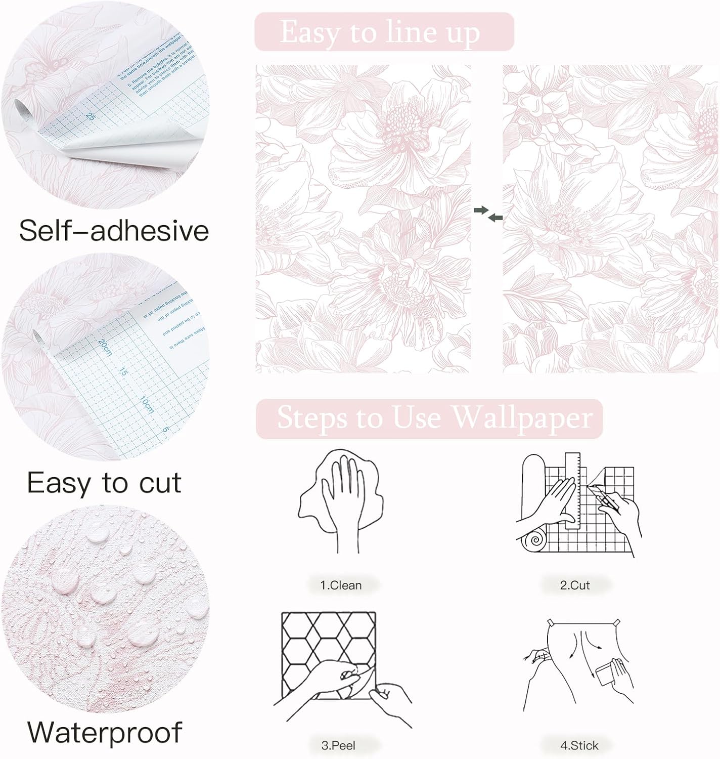Dimoon 78.7"x17.3" Peel and Stick Wallpaper Floral Contact Paper Boho White Pink Flower Wallpaper Removable Wall Paper Self Adhesive Modern Contactpaper for Cabinets Drawers Bedroom Thicken Vinyl