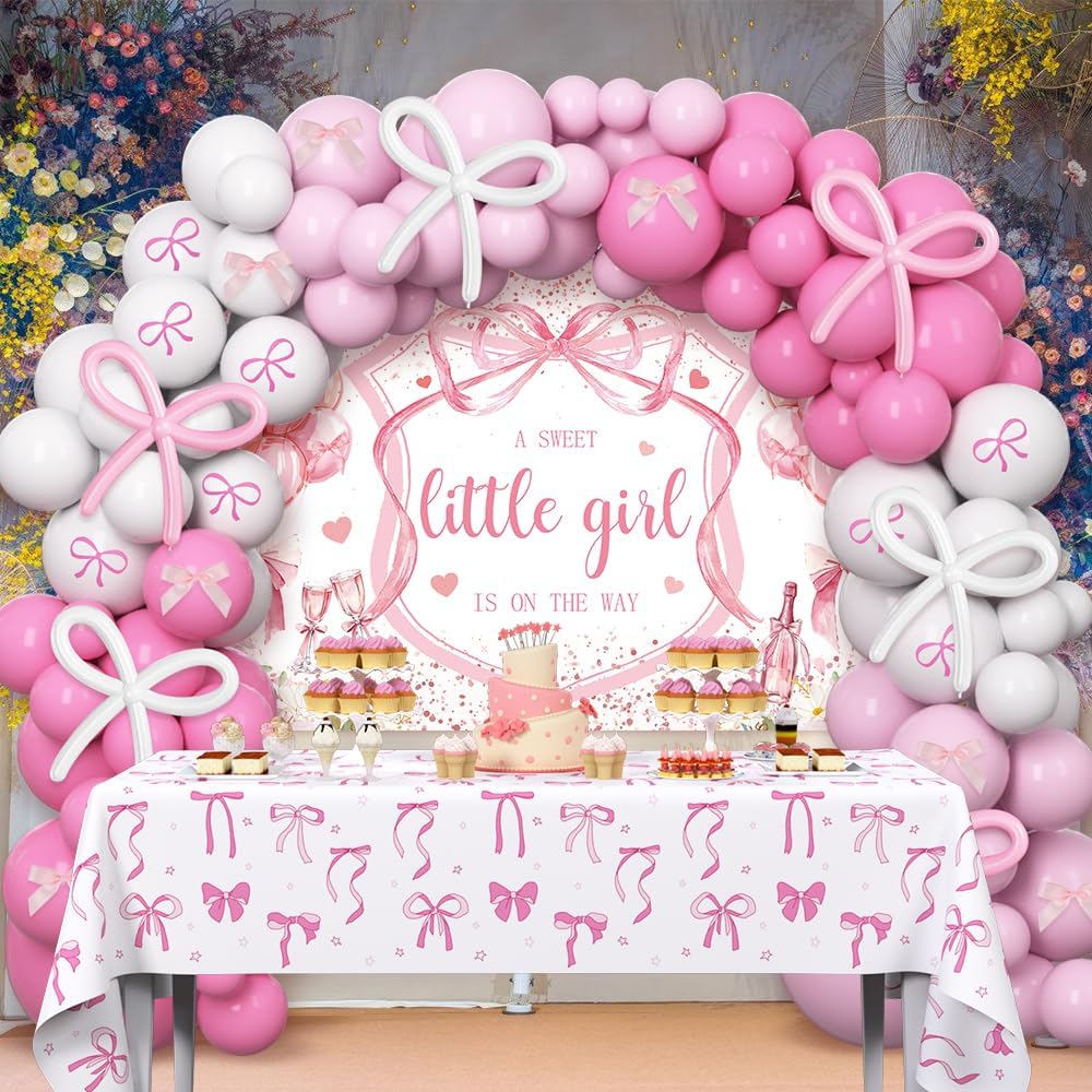 AIBIIN 120Pcs Pink Baby Shower Decorations for Girls, Pink Bows A Sweet Little Girl is on The Way Coquette Backdrop Balloon Set with Bow Tablecloth Newborn It's A Girl Party Banner Photo Booth Props