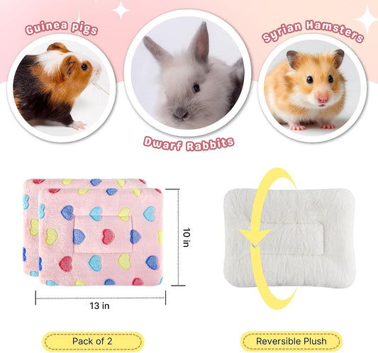 2 Pcs Bunny Bed, Washable Rabbit Bed, Double-Sided Fleece Sleeping Pad for Guinea Pig, Dwarf Rabbit, Chinchilla, Ferret, Hamster, Warm Small Animal Cage Mat, 13x10in, Pink Heart