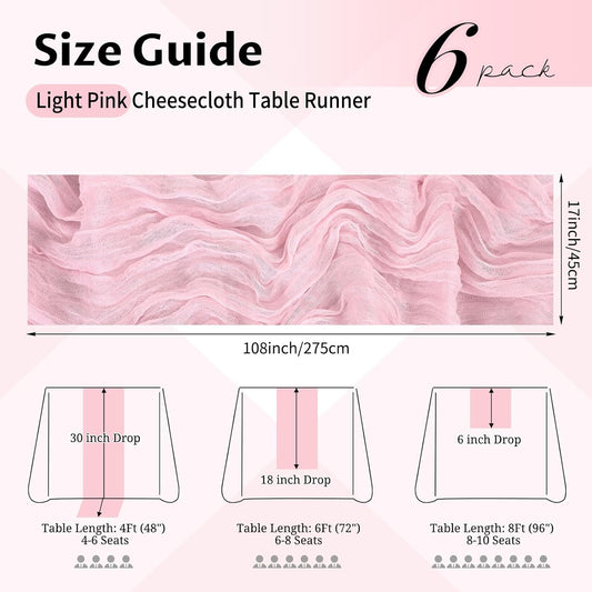 6 Pack Light Pink Table Runner 17x108 Inch Cheesecloth Table Runner Boho Gauze Table Runners Romantic Rustic Sheer Fabric Cheese Cloth Table Runners for Wedding Party Baby Shower Birthday Home Decor