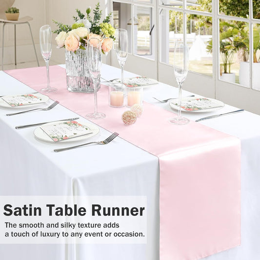P Pothuiny 12 Pcs Light Pink Satin Table Runner 12 x 72 Inch Long Smooth Wedding Table Runners for Banquets, Graduations and Birthday Party Decoration