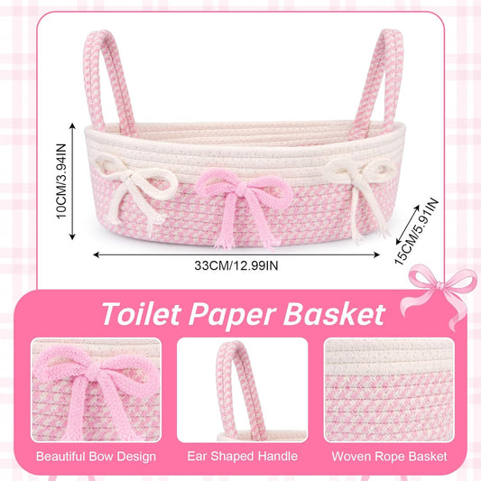 Toilet Bow Paper Basket–Woven Rope Pink Bow Decorative Bathroom Decor Organizer Toilet Tank Top Storage Basket, Oval Shelf Bin with Handles, Over Bedroom Wedding Paper Holder, 13" D x 4" H in