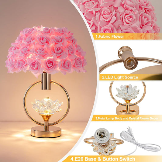 ZYLEISENBAO Modern Pink Flower Table Lamp with Crystal 17IN Romantic Bedside Lamp Princess Rose Flower Desk Nightstand Light for Girl Bedroom Living Room Entrytable Birthday Valentines Gift