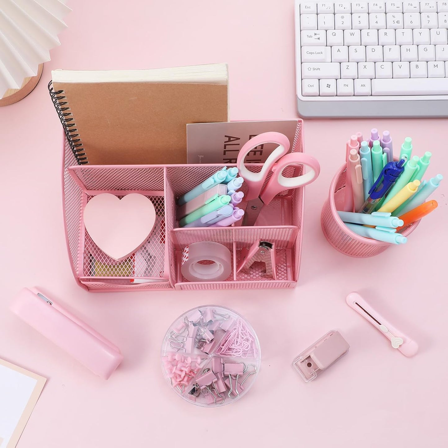 Pink Office Supplies, 12PCS Pink Desk Accessories Set Include Mesh Desk Organizer, Tape Dispenser, Stapler, 1000 Staples, Staple Remover, Pen Holder, Clips Set, Scissors, Sticky Notes for Women