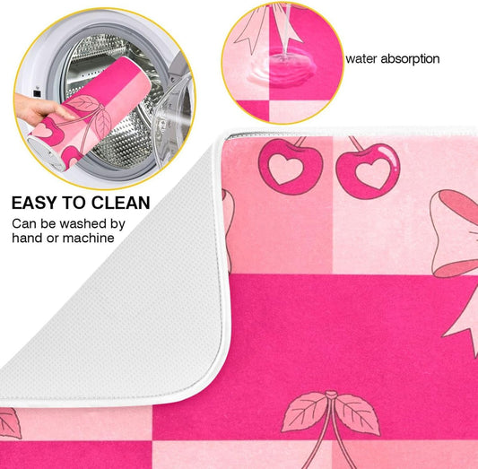 Bow Plaid Light Pink Dish Drying Mat for Kitchen Counter with Absorbent Quick Dry Slip Resistant Dish Drying Pad for Coffee Bar Sink Draining Racks, 16 x 18 Inches