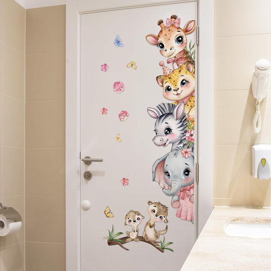 Cute Safari Animal Wall Stickers Cartoon Animal Door Stickers Watercolor Leopard Zebra Elephant Decals Peel and Stick for Kids Bedroom Nursery Playroom Decor (Pink Safari Animal)
