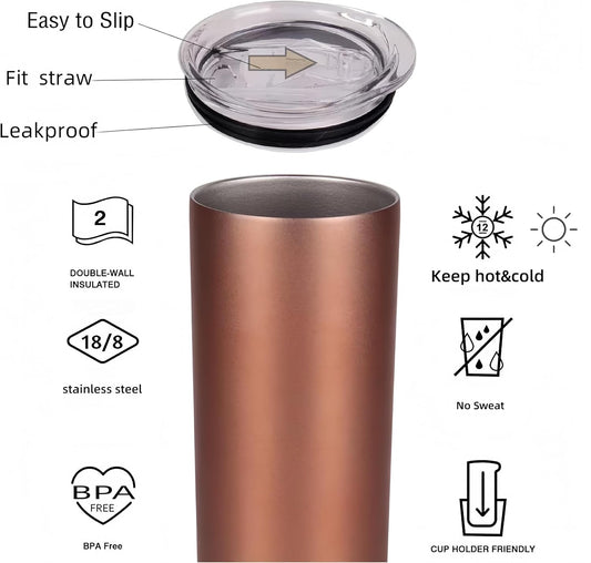 Double Wall 18/8 Stainless Steel Vacuum slim skinny tumbler with straw and lid, insulated travel mug keeping beverage cold and warm (pink, 20oz)