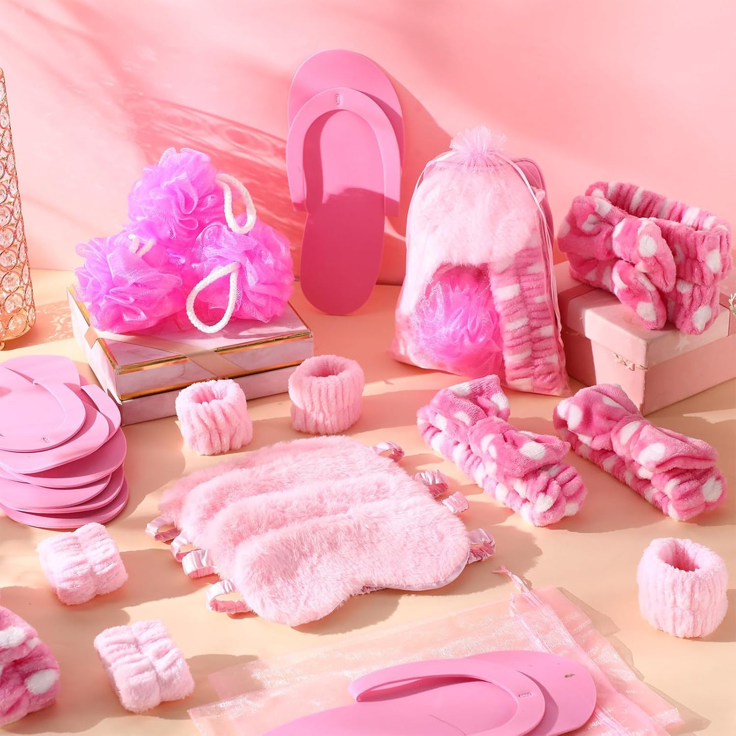Moucuny 42 Pcs Summer Spa Sleepover Party Supplies Bulk for Women Include 6 Pink Hairbands 6 Eye Masks 12 Wristbands 6 Bath Loofahs 6 Pairs Disposable Slippers 6 Organizer Bags(Bright)