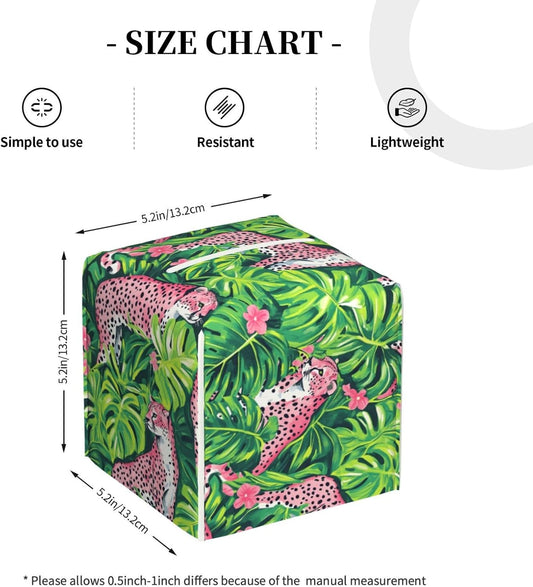 Tropical Plant Pink Leopard Print Tissue Box Cover Square Modern Decorative Tissue Box Holder, Cute Leather Box Cover Car Tissue Holder for Bathroom, Night Stands, Desk, Office Decor