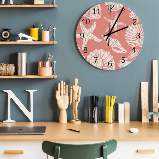 Ocean World Wall Clock Battery Operated Non-Ticking 10" Round Wood Clocks, Watercolor Pink Shell Conch Coral Linen Kitchen Wall Clock for School Bathroom Living Room Home Office Wall Decor