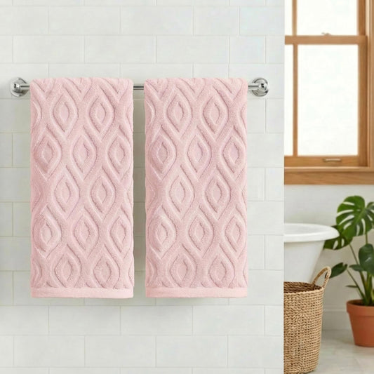 Artoid Mode 2 Pcs Pink 3D Diamond Grid Jacquard Hand Towels for Bathroom, 100% Cotton Soft Absorbent Bathroom Decor Towels, 13.7 x 29.5 Inch