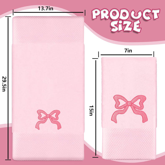 FYSUIMU 2 Pack Pink Bow Hand Towel Cotton Embroidered Cute Bowknot Bathroom Towel Dish Towels for Kitchen Hand Drying Cleaning Cooking, 29.5 x 13.7 Inch