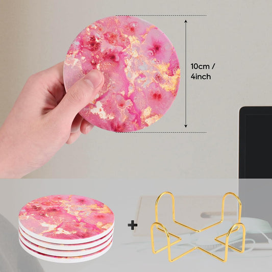 Pink and Gold Cute Desk Coasters Set of 4, Ceramic Office Drinks Coaster for Women, Pink Girls Coffee Table Decor