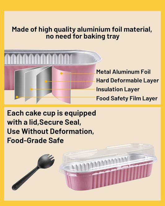 Mini Cake Pans with Lids & Spoons, 6.8oz 50 Pack Aluminum Mini Loaf Pans, Oven Safe Disposable Baking Tins for Brownie Cheesecake Lasagna,Pink