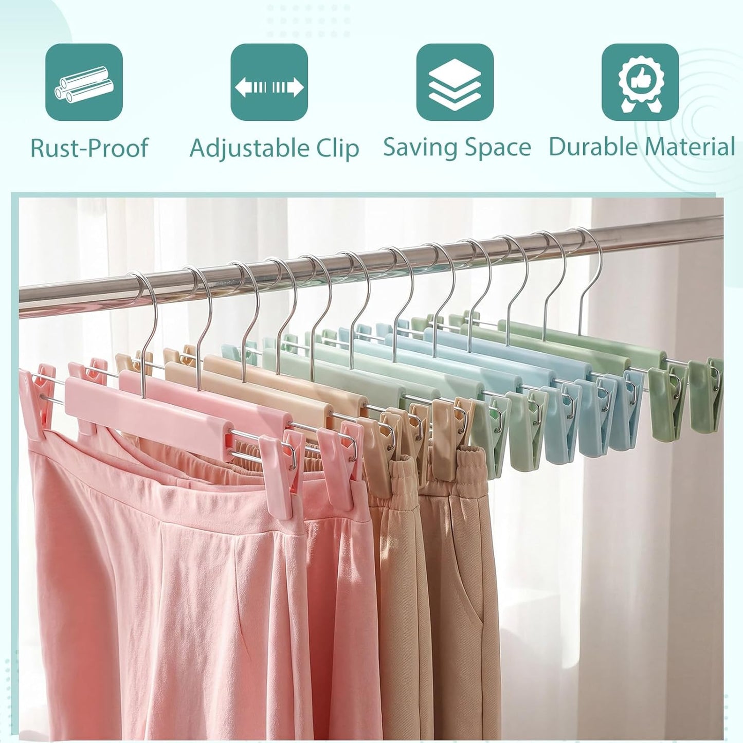 Novabright 12 Pack Pastel Pants Skirt Hangers with Clips Pink Blue Green Yellow Non-Slip Adjustable Hangers Plastic 360° Swivel Hook Space-Saving Trousers Shorts Closet Organizer for Top and Bottom