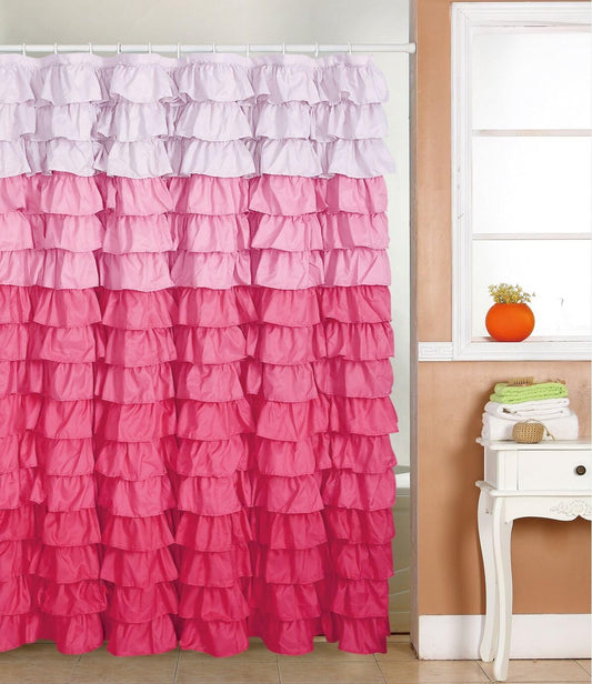 Waterfall Ruffled Fabric Shower Curtain Size 72 x72 inch (Multi Color Pink)