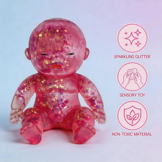 Glitter Doll Squishies Stress Ball, Squishy Babies Sensory Fidget for Stress Relief, Soft Cute Squeeze, Portable Desk Decor & Relaxing Gift for Adults (Pink)