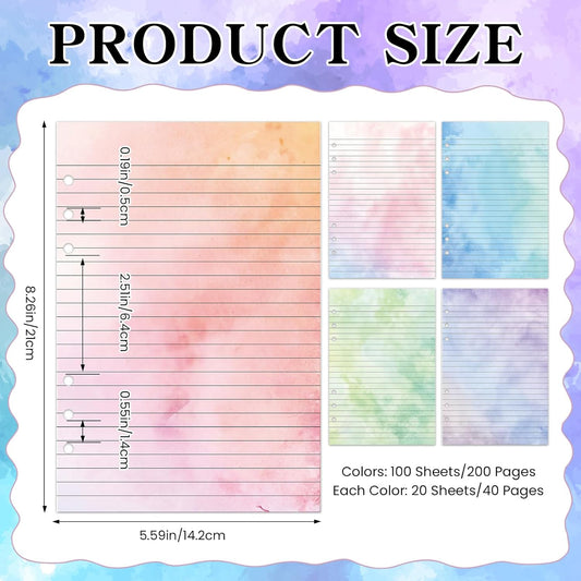100 Sheets Gradient A5 Refill Papers for Planner Binder Insert with Pink Pu Leather 6 Ring Binder Cover, 120GSM Thick Watercolor Loose Leaf Papers Filler for Notebook Journal Girls Women Graduation