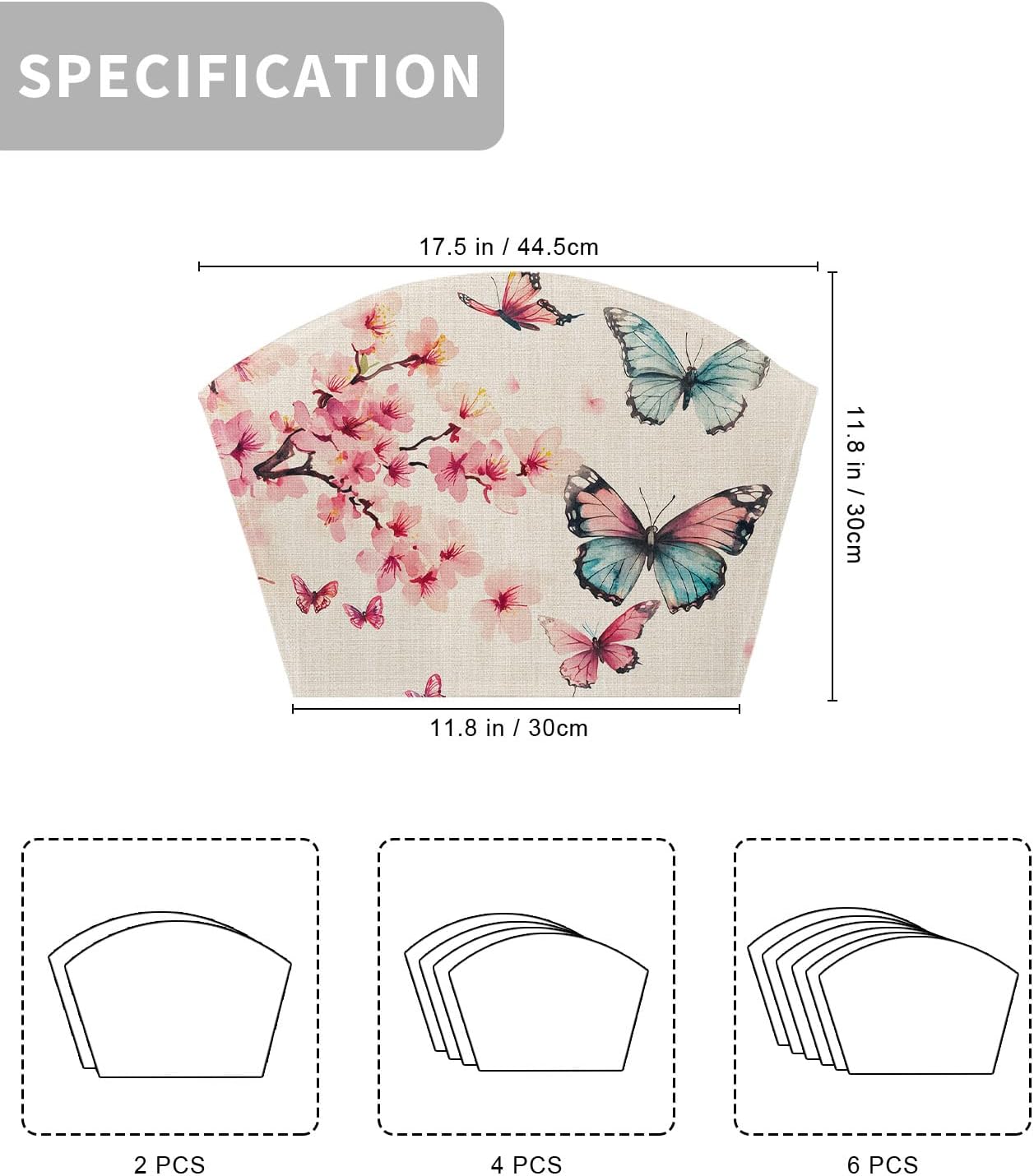 Round Table Placemats Set of 2, Retro Peach Blossom Butterfly Wedge Table Mat Washable Placemat, Animal Plants on Linen Fan Shape Place Mats for Kitchen Indoor Outdoor