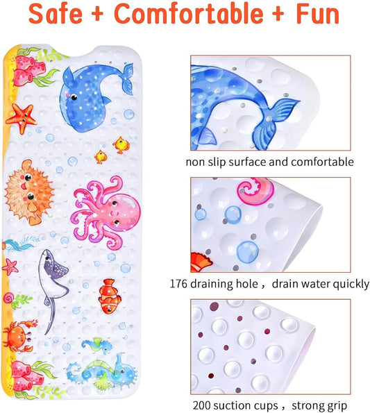 Secopad Bath Mat for Tub Non Slip, Machine Washable Anti-Slip Cartoon Baby Bathtub Shower Mat with Drain Holes and Suction Cups for Toddler & Kids, 40 Inch x 16 Inch-Rectangular, Pink Octopus