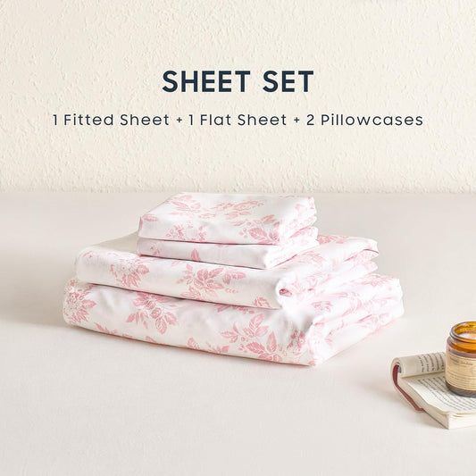 Wake In Cloud - Floral Bed Sheets, 4-Piece Sheet Set, Shabby Chic Botanical Coquette Cottagecore Vintage Flower Pattern Printed Bedding, Deep Pocket, Pink, Twin Size
