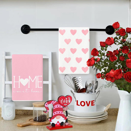 2PCS Pink Heart Love Home Sweet Home Valentine's Kitchen Towels Dish Towels for Wedding Party Anniversary Valentine's Day (16.5x23.6 Inch)