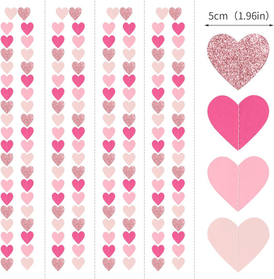 Hot-Pink Rose-Gold Party Decorations Heart-Garland - 52ft Wedding Bridal Shower Hanging Decoration Streamers Banner,Baby Girl Birthday Bachelorette Engagement Mohters Valentines Day Decor Panduola