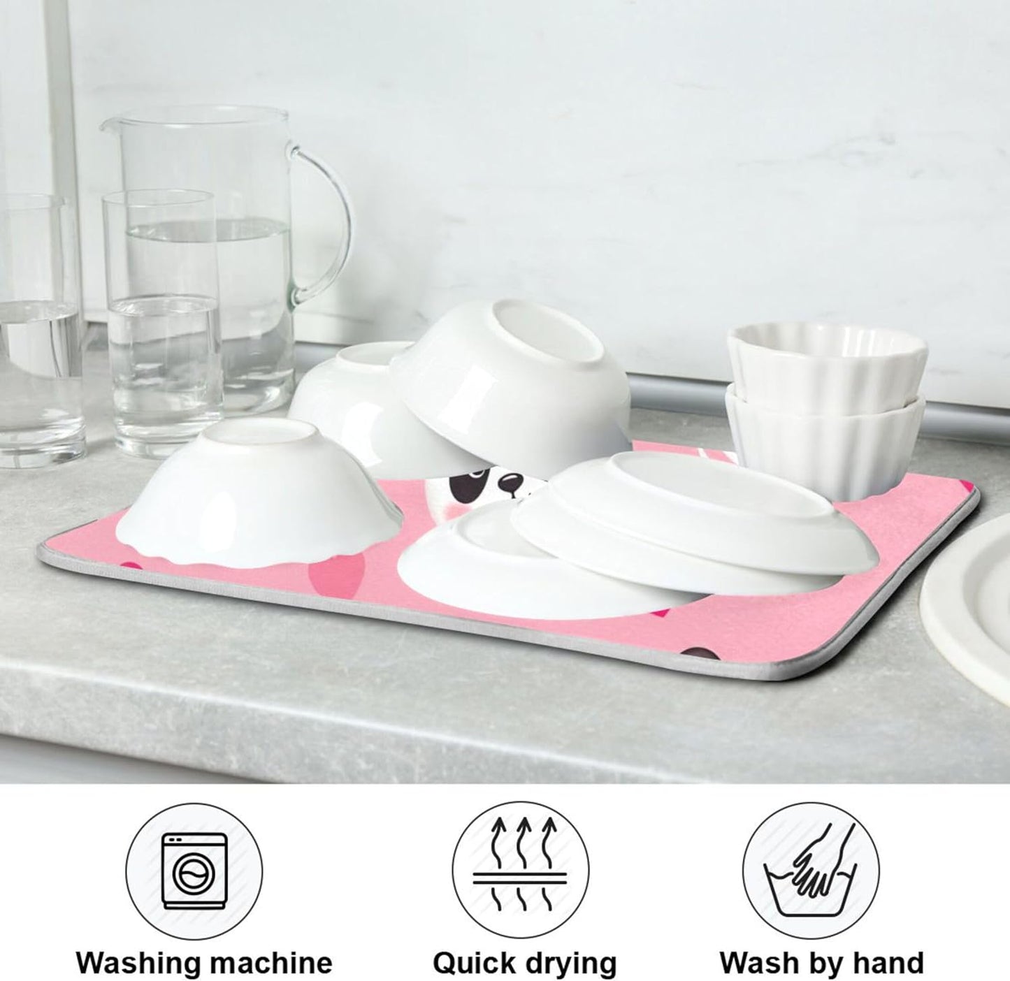 Absorbent Dish Drying Mats Flower Quick-dry Funny Print Countertop Heat Protector Mat for Kitchen Counter Decor Cute Panda Pink, 18" x 24"