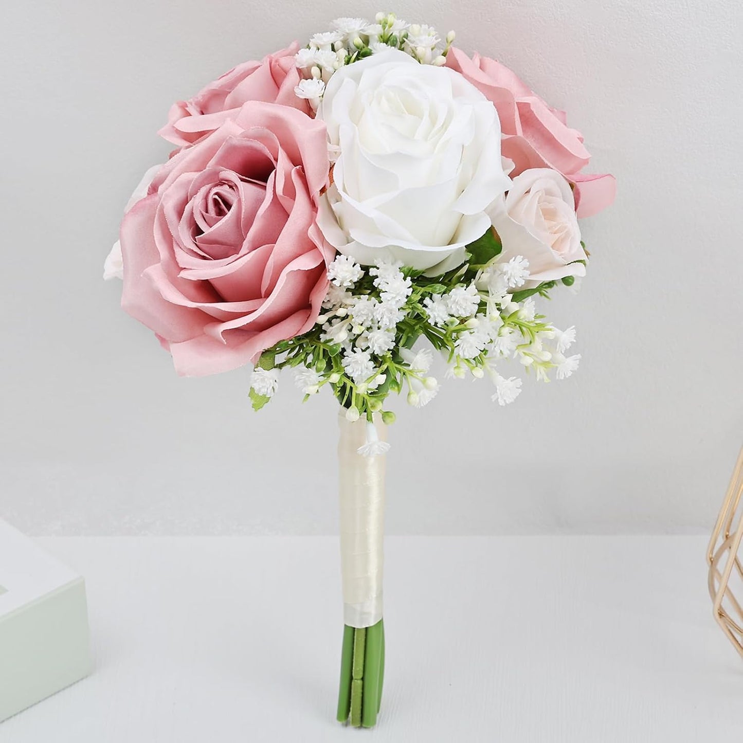 Wedding Bridesmaid Bouquets Set of 2, Artificial Silk Flowers Arrangement for Ceremony Marriage Proposal Party Anniversary Decorations - Dusty Pink & White