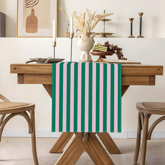 Light Pink and Green Cabana Stripe Table Runner Summer Pool Kids Birthday Baby Shower Wedding Party Decoration Home Kitchen Dining Room Table Decor (Green, 13" x 72")