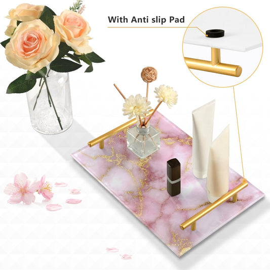 Golden Texture Pink Marble Bathroom Perfume Vanity Tray Acrylic Serving Tray with Handles Decorative Party Platters for Coffee Tea Table Kitchen Countertop