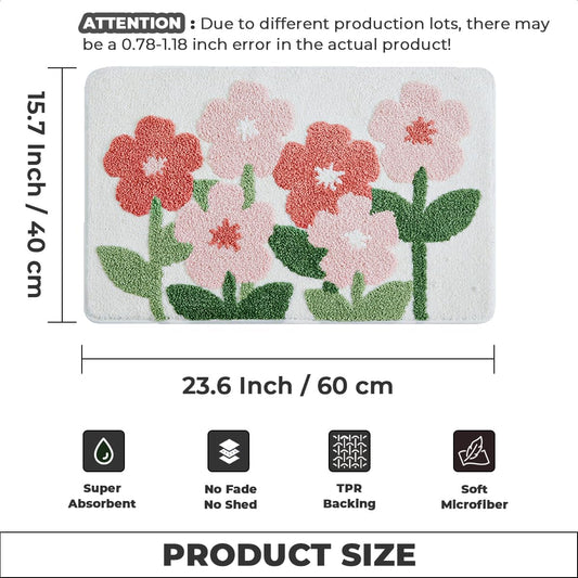 Plants Bathroom Mat Cute Absorbent Bath Rug Non Slip and Machine Washable Bath Shaggy Carpet for Kitchen, Bedroom and Living Room (Pink Flowers, 23"x16")