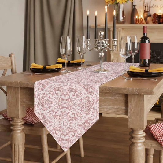 Pink Baroque Table Runner Linen Burlap Table Runner 72 Inches Long Farmhouse Scroll Floral Damask Patterned Dresser Scarves for Kitchen Island Coffee Dining Room Party Wedding Holiday Decor 13"x72"