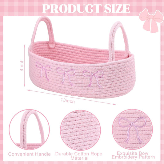 Vesici Pink Bow Woven Storage Basket for Toilet Tank Top Boho Cotton Rope Bathroom Countertop Organizer Basket with Handle Pink Bathroom Decor for Bedroom Nursery Toys Organizing, 13 x 6 x 4 Inch
