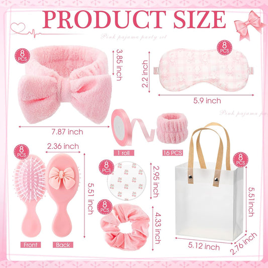 Honeydak 56 Pcs Pink Spa Sleepover Party Supplies Include Sleep Eye Mask Wristband Scrunchie Spa Headband with Coquette Bow Mirror Hair Comb Gift Bags for Women Girls Slumber Birthday Party Favors
