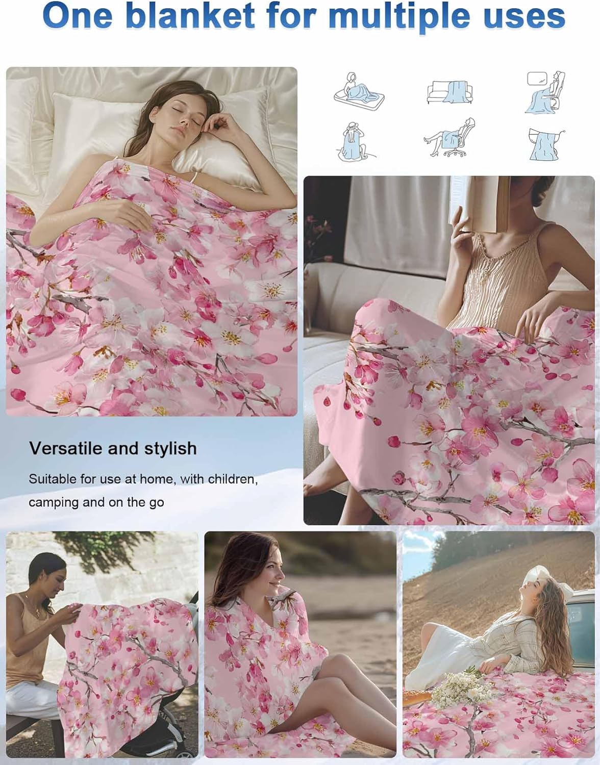 DecorLovee Cooling Blanket for Hot Sleepers, Spring Peaches Lightweight Ice Blanket for Night Sweats, Botanical Blossom Flowers Branches Summer Cooling Throw Blankets for Bed/Soft/Travel 30"x40"