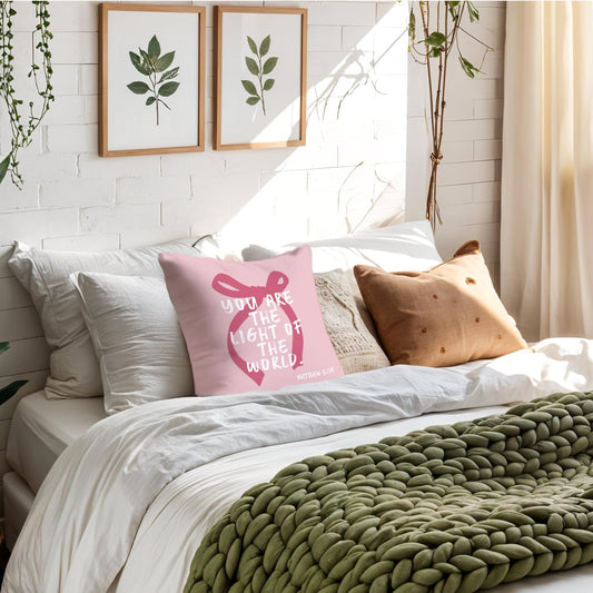 Pink Bow Inspirational Christian Pillow Covers 18x18, Preppy Room Dorm Decor, You are The Light of The World Bible Verse Decorative Throw Pillow Covers Pillowcases for Girls Bedroom Home Decor